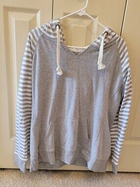 Overside and Comfy Gray Hoodie with Striped Sleeves Sized: Large
